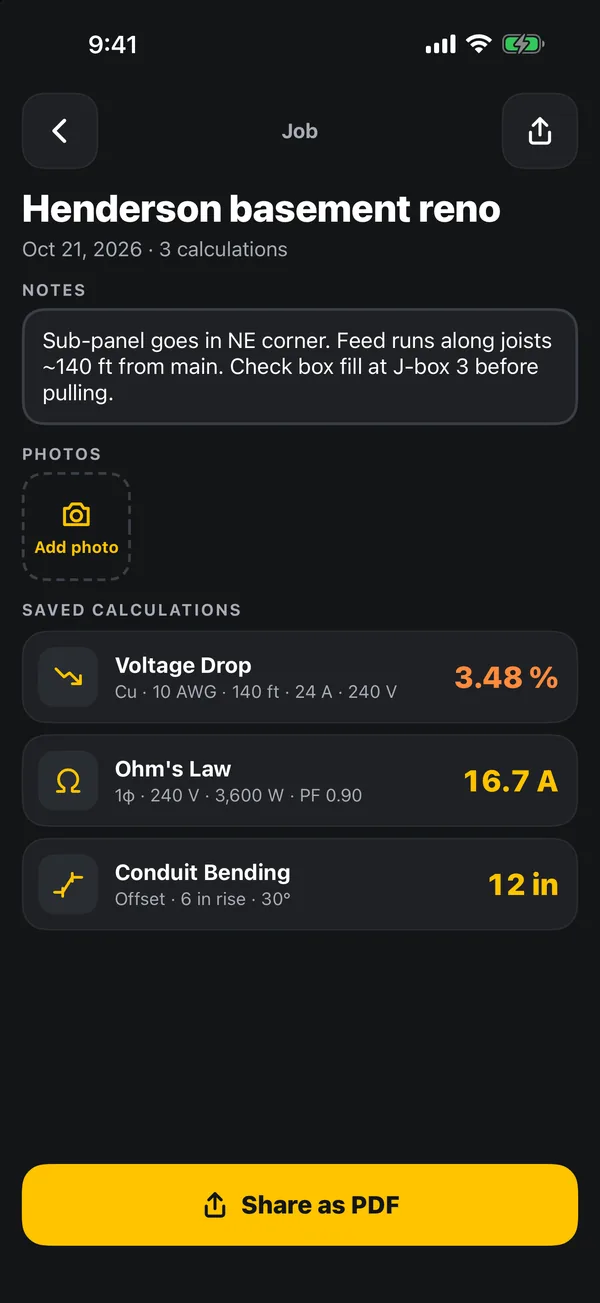 A job with notes and three saved calculations